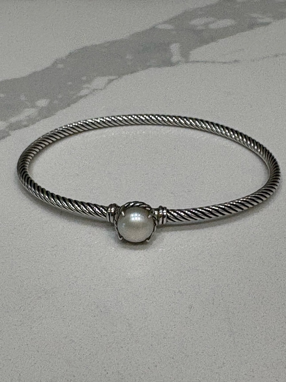David Yurman Silver Rope Bangle with White Pearl